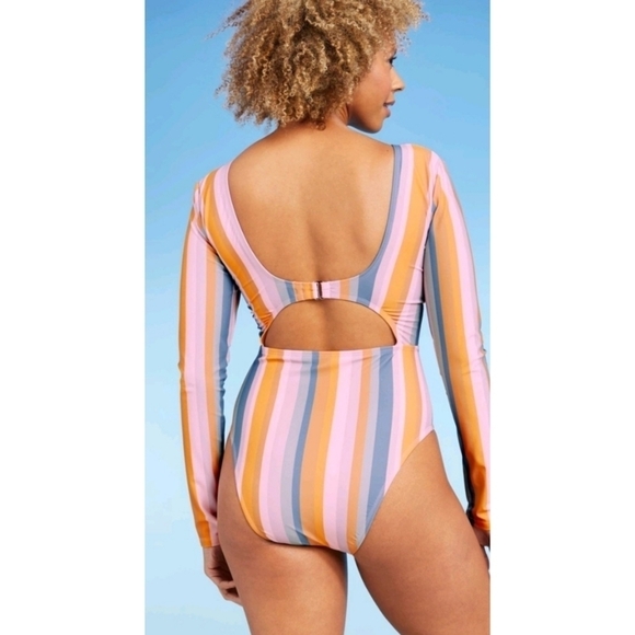 NWT Shade & Shore Multi Stripe Long Sleeve Knot-Front Cut Out One Piece - Picture 9 of 12